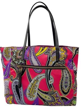ETRO PINK MULTI PAISLEY PRINTED REVERSIBLE DOUBLE TOP HANDLE NYLON TOTE BAG